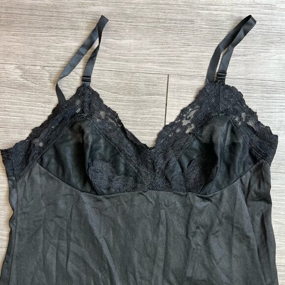 Vintage 70s Union Made Nylon Black Lace Adjustable Strap Sheer Slip Dress Size L - Picture 2 of 5